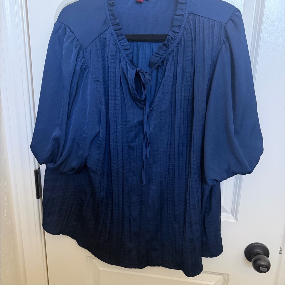 Vince Camuto Navy Pintuck Tie-Front Blouse